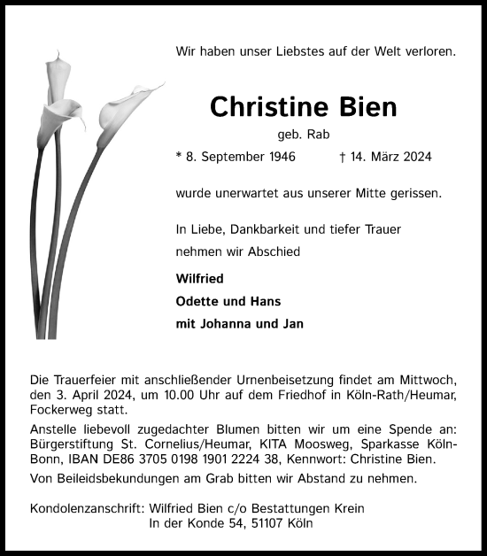 Anzeige von Christine Bien von Kölner Stadt-Anzeiger / Kölnische Rundschau / Express