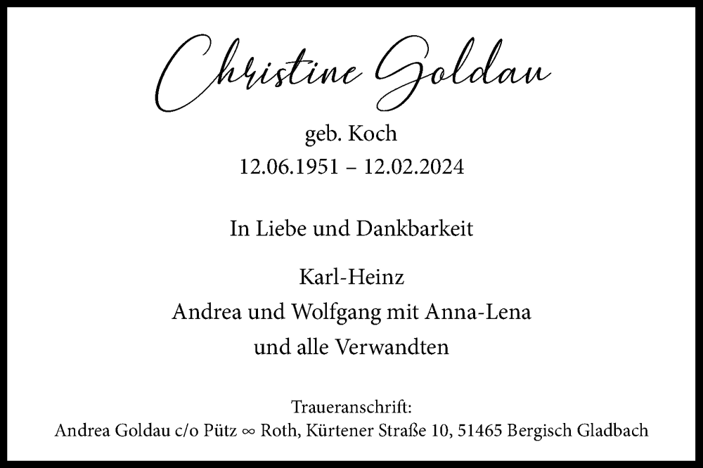  Traueranzeige für Christine Goldau vom 02.03.2024 aus Kölner Stadt-Anzeiger / Kölnische Rundschau / Express