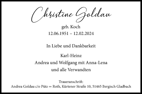 Anzeige von Christine Goldau von Kölner Stadt-Anzeiger / Kölnische Rundschau / Express