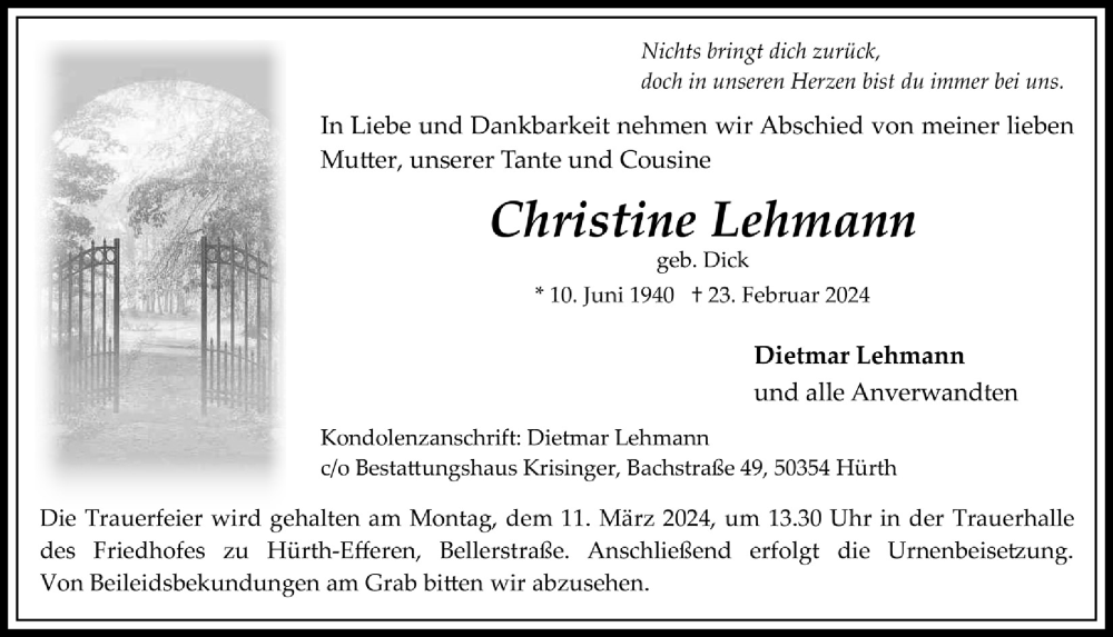  Traueranzeige für Christine Lehmann vom 08.03.2024 aus  Wochenende 