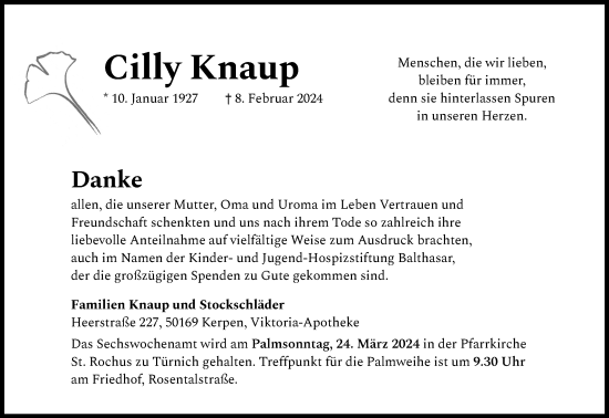 Anzeige von Cilly Knaup von Kölner Stadt-Anzeiger / Kölnische Rundschau / Express