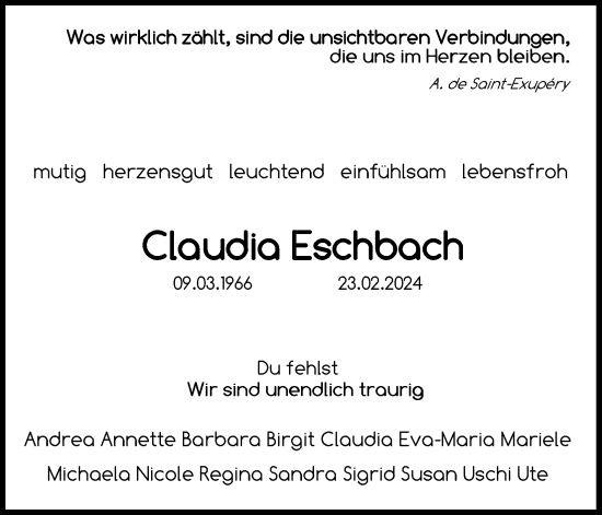 Anzeige von Claudia Eschbach von Kölner Stadt-Anzeiger / Kölnische Rundschau / Express