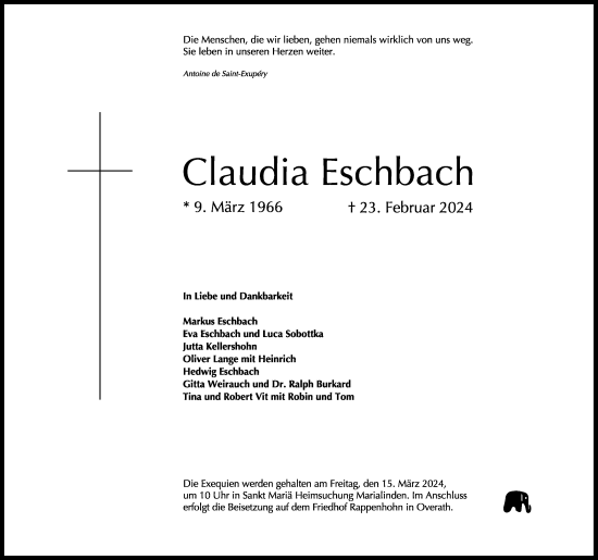 Anzeige von Claudia Eschbach von Kölner Stadt-Anzeiger / Kölnische Rundschau / Express