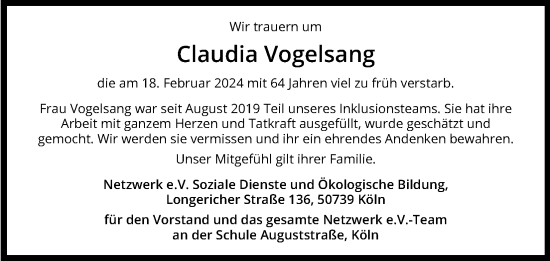 Anzeige von Claudia Vogelsang von Kölner Stadt-Anzeiger / Kölnische Rundschau / Express