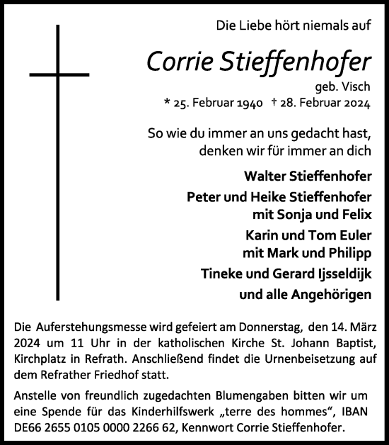 Anzeige von Corrie Stieffenhofer von Kölner Stadt-Anzeiger / Kölnische Rundschau / Express
