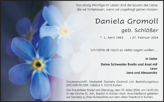 Anzeige von Daniela Gromoll von Kölner Stadt-Anzeiger / Kölnische Rundschau / Express