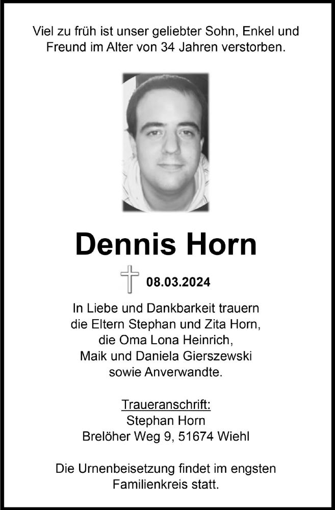  Traueranzeige für Dennis Horn vom 15.03.2024 aus  Anzeigen Echo 