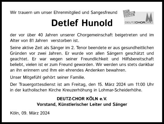 Anzeige von Detlef Hunold von Kölner Stadt-Anzeiger / Kölnische Rundschau / Express