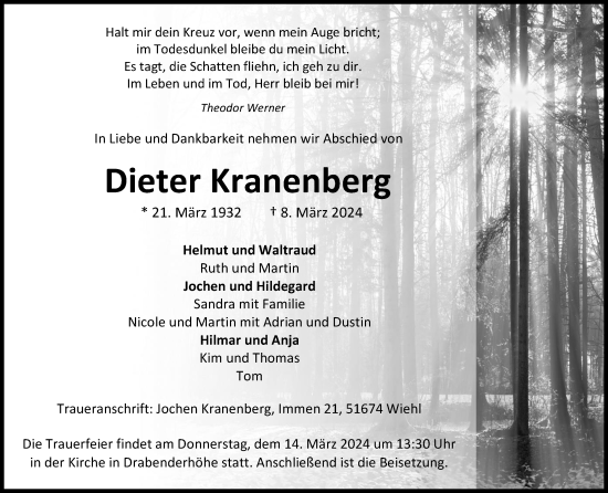 Anzeige von Dieter Kranenberg von Kölner Stadt-Anzeiger / Kölnische Rundschau / Express