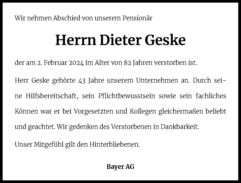  Traueranzeige für Dieter Geske vom 02.03.2024 aus Kölner Stadt-Anzeiger / Kölnische Rundschau / Express