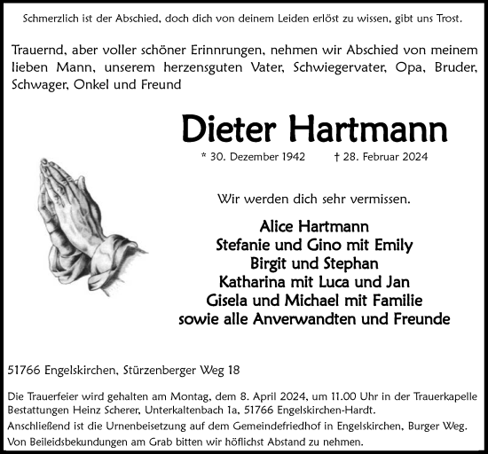 Anzeige von Dieter Hartmann von  Anzeigen Echo 