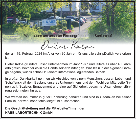 Anzeige von Dieter Kolpe von Kölner Stadt-Anzeiger / Kölnische Rundschau / Express