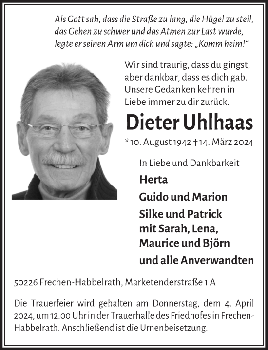 Anzeige von Dieter Uhlhaas von  Wochenende 