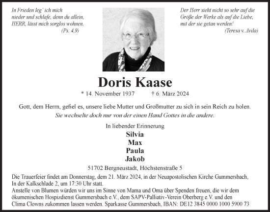 Anzeige von Doris Kaase von  Anzeigen Echo 