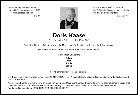 Anzeige von Doris Kaase von Kölner Stadt-Anzeiger / Kölnische Rundschau / Express