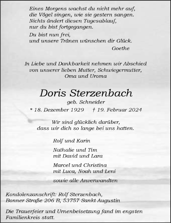 Anzeige von Doris Sterzenbach von  Extra Blatt 