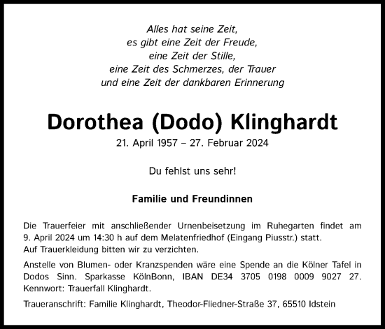 Anzeige von Dorothea Klinghardt von Kölner Stadt-Anzeiger / Kölnische Rundschau / Express