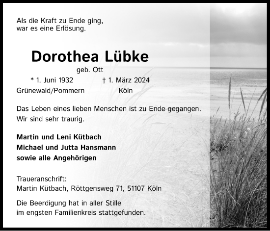 Anzeige von Dorothea Lübke von Kölner Stadt-Anzeiger / Kölnische Rundschau / Express