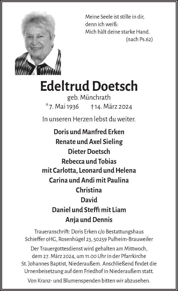  Traueranzeige für Edeltrud Doetsch vom 22.03.2024 aus  Werbepost 