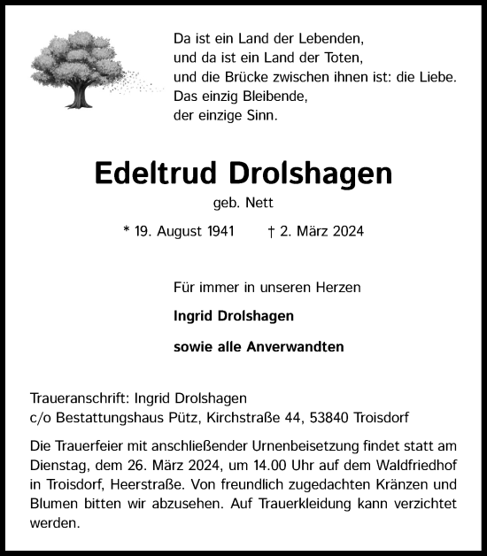 Anzeige von Edeltrud Drolshagen von Kölner Stadt-Anzeiger / Kölnische Rundschau / Express