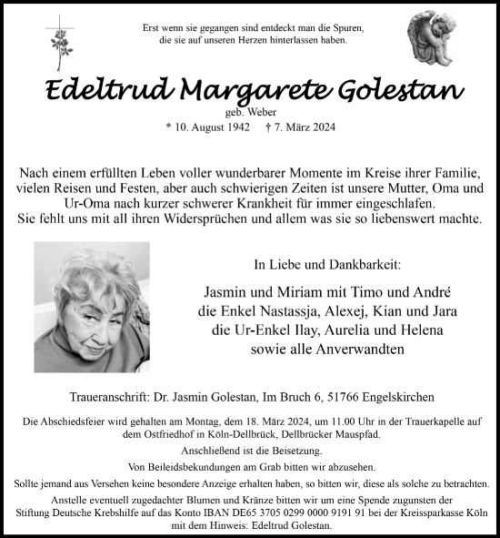 Anzeige von Edeltrud Margarete Golestan von  Bergisches Handelsblatt  Anzeigen Echo 