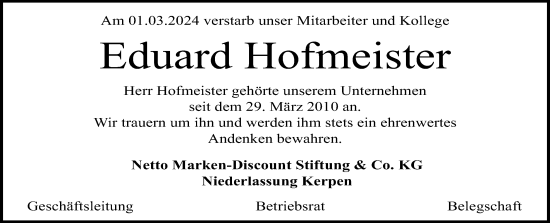 Anzeige von Eduard Hofmeister von Kölner Stadt-Anzeiger / Kölnische Rundschau / Express