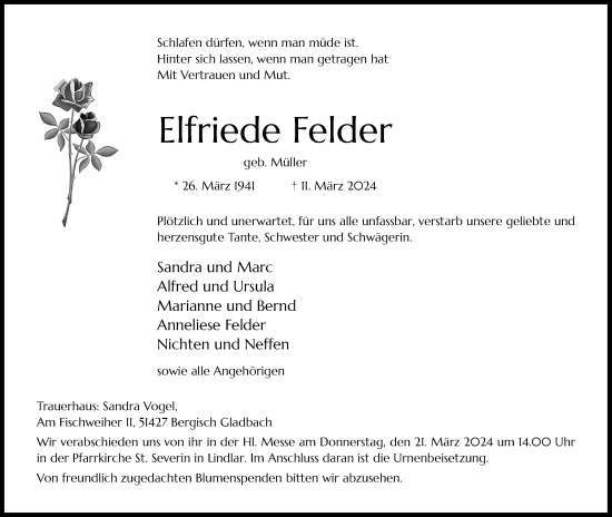 Anzeige von Elfriede Felder von Kölner Stadt-Anzeiger / Kölnische Rundschau / Express