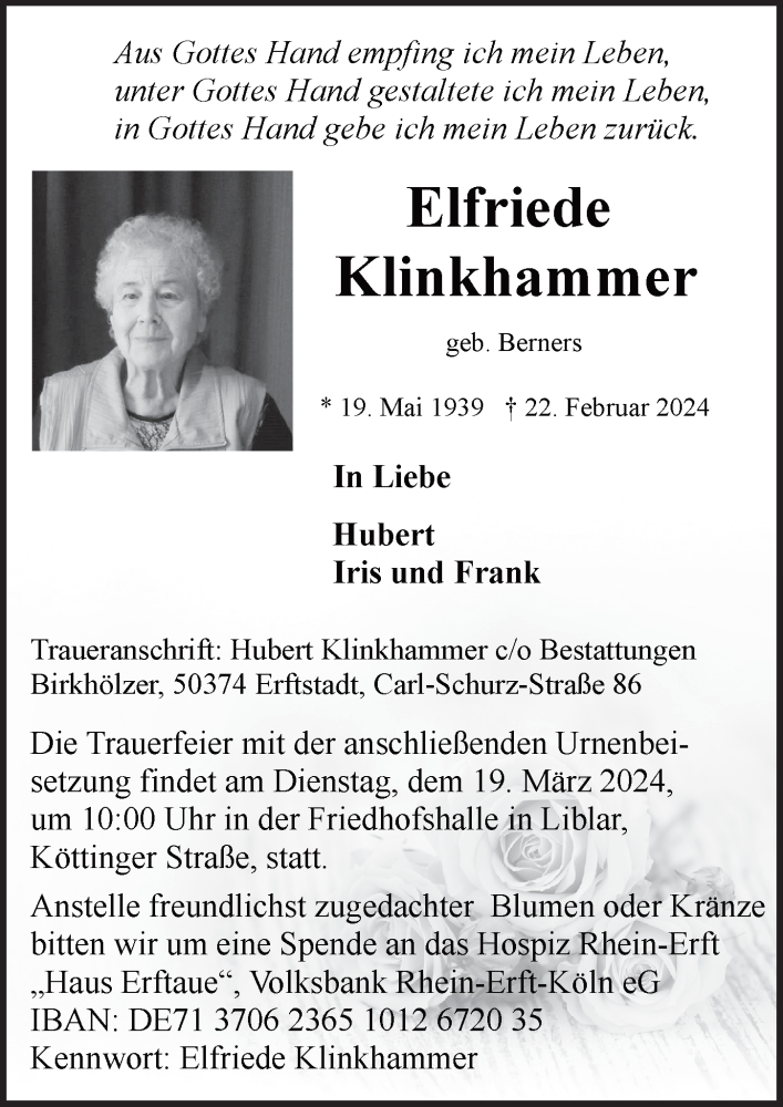  Traueranzeige für Elfriede Klinkhammer vom 08.03.2024 aus  Werbepost 