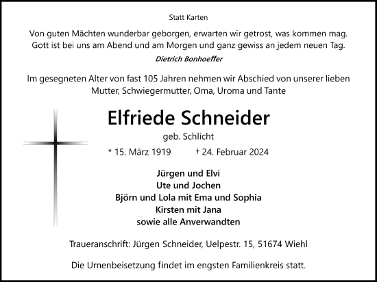 Anzeige von Elfriede Schneider von Kölner Stadt-Anzeiger / Kölnische Rundschau / Express