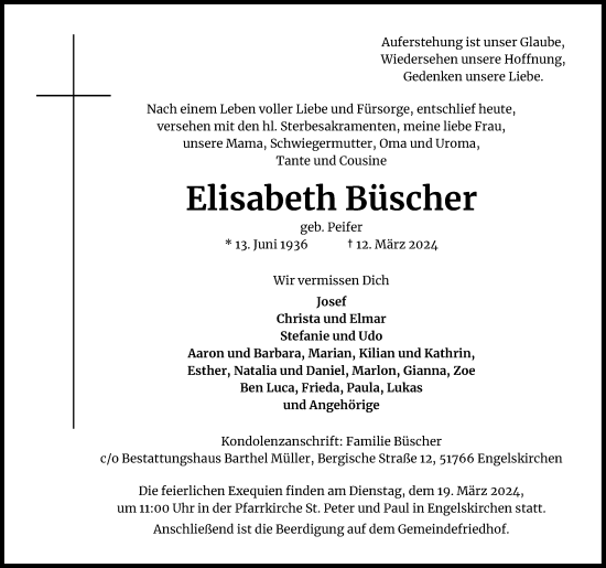Anzeige von Elisabeth Büscher von Kölner Stadt-Anzeiger / Kölnische Rundschau / Express