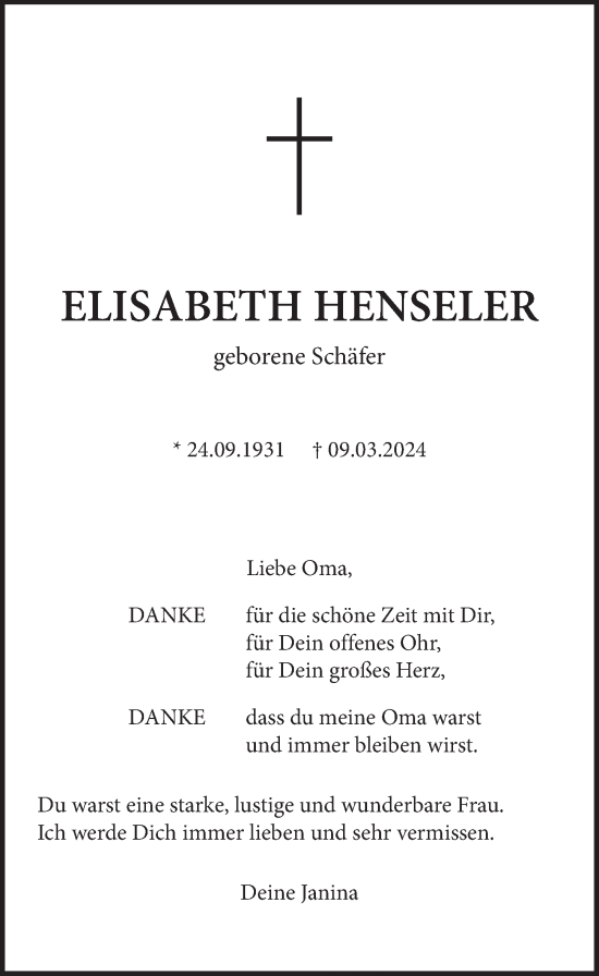 Anzeige von Elisabeth Henseler von  Schlossbote/Werbekurier 