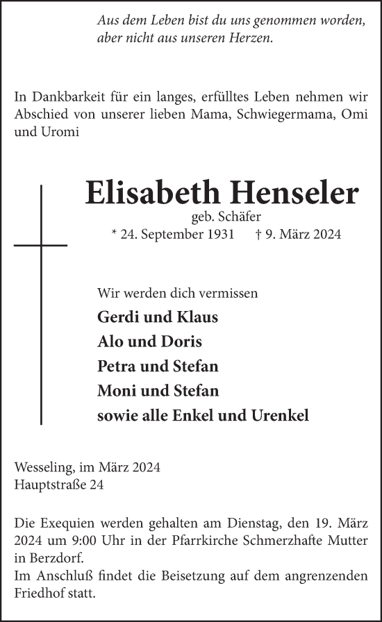 Anzeige von Elisabeth Henseler von  Schlossbote/Werbekurier 