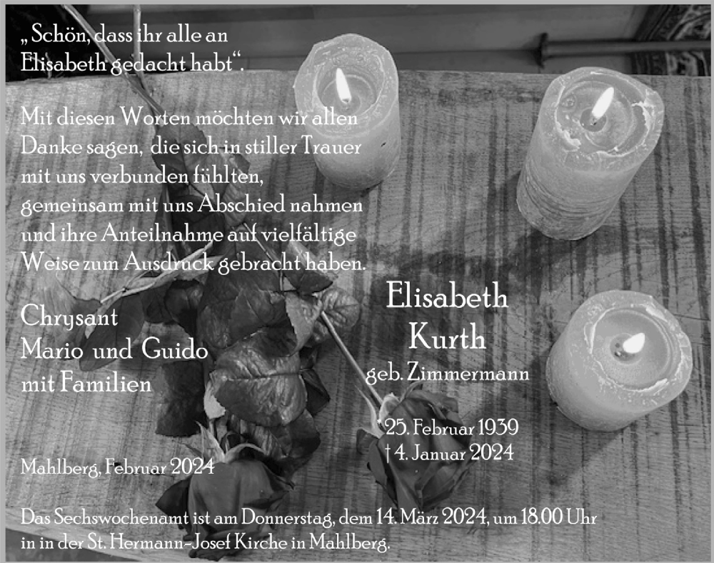  Traueranzeige für Elisabeth Kurth vom 02.03.2024 aus  Blickpunkt Euskirchen 