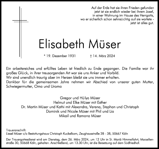 Anzeige von Elisabeth Müser von Kölner Stadt-Anzeiger / Kölnische Rundschau / Express