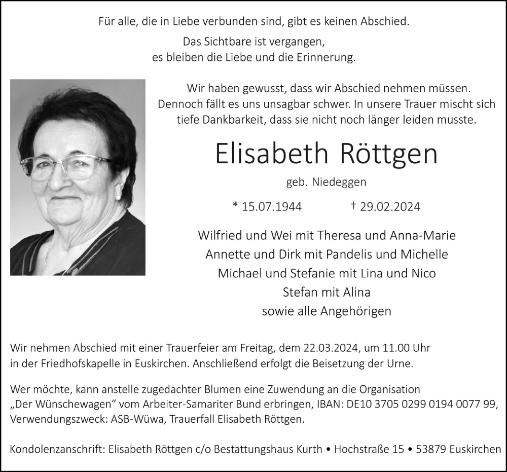  Traueranzeige für Elisabeth Röttgen vom 16.03.2024 aus  Blickpunkt Euskirchen 