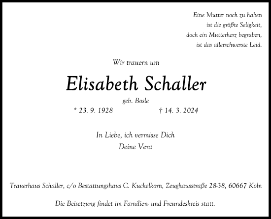Anzeige von Elisabeth Schaller von Kölner Stadt-Anzeiger / Kölnische Rundschau / Express