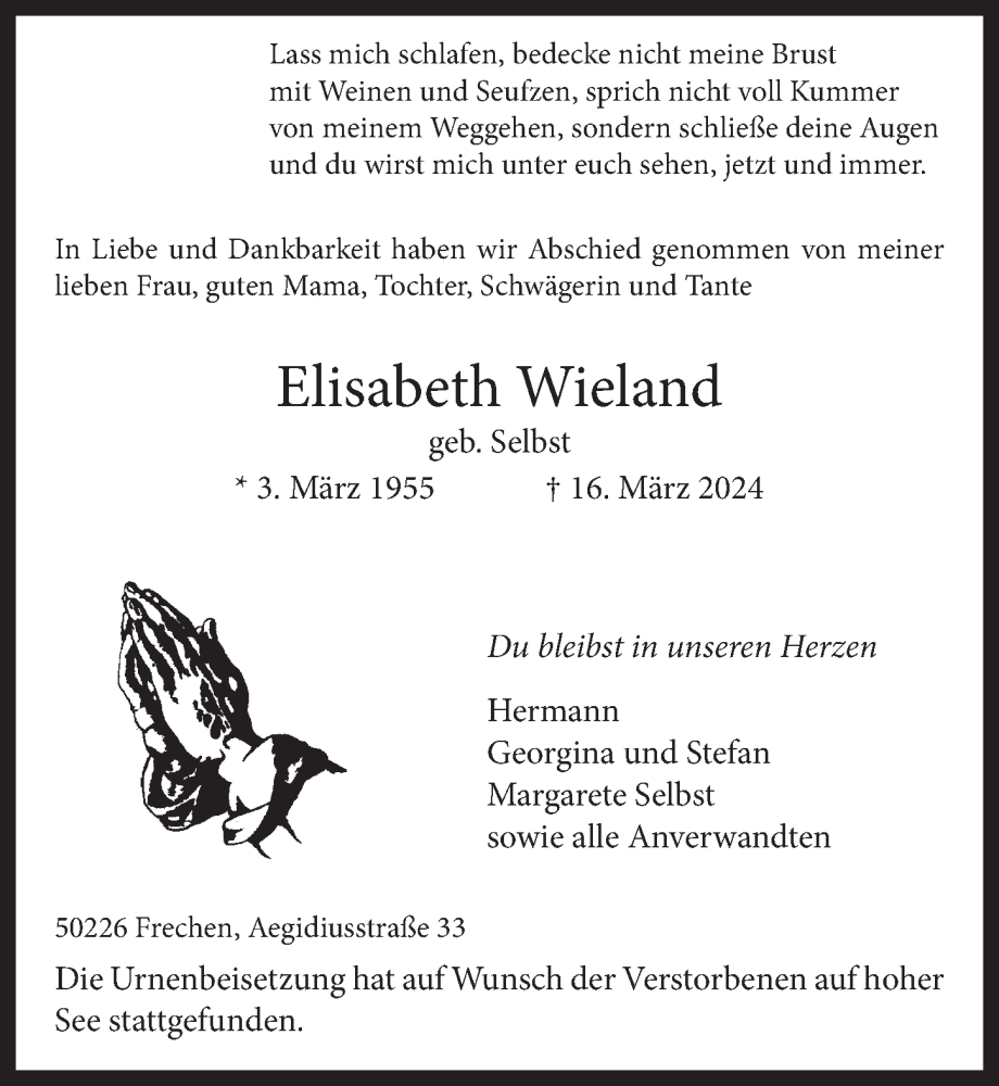  Traueranzeige für Elisabeth Wieland vom 28.03.2024 aus  Wochenende 