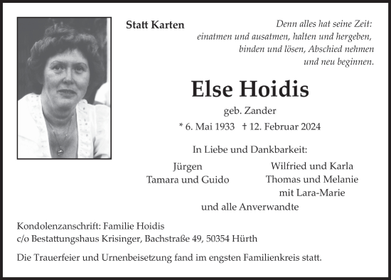 Anzeige von Else Hoidis von  Wochenende 