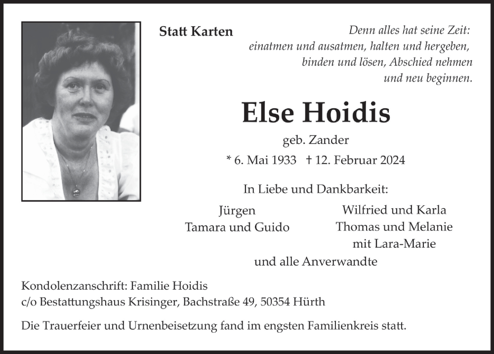  Traueranzeige für Else Hoidis vom 08.03.2024 aus  Wochenende 