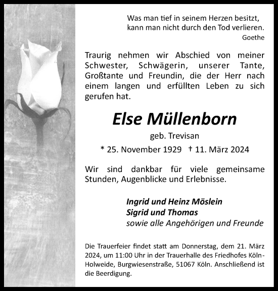 Anzeige von Else Müllenborn von Kölner Stadt-Anzeiger / Kölnische Rundschau / Express