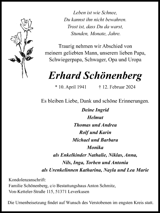 Anzeige von Erhard Schönenberg von Kölner Stadt-Anzeiger / Kölnische Rundschau / Express