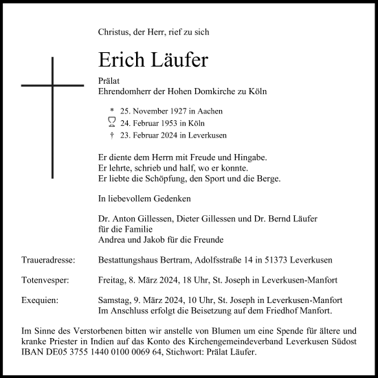 Anzeige von Erich Läufer von Kölner Stadt-Anzeiger / Kölnische Rundschau / Express