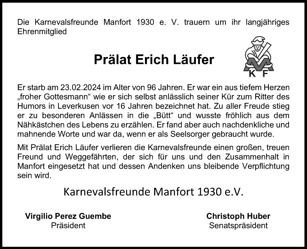  Traueranzeige für Erich Läufer vom 02.03.2024 aus Kölner Stadt-Anzeiger / Kölnische Rundschau / Express