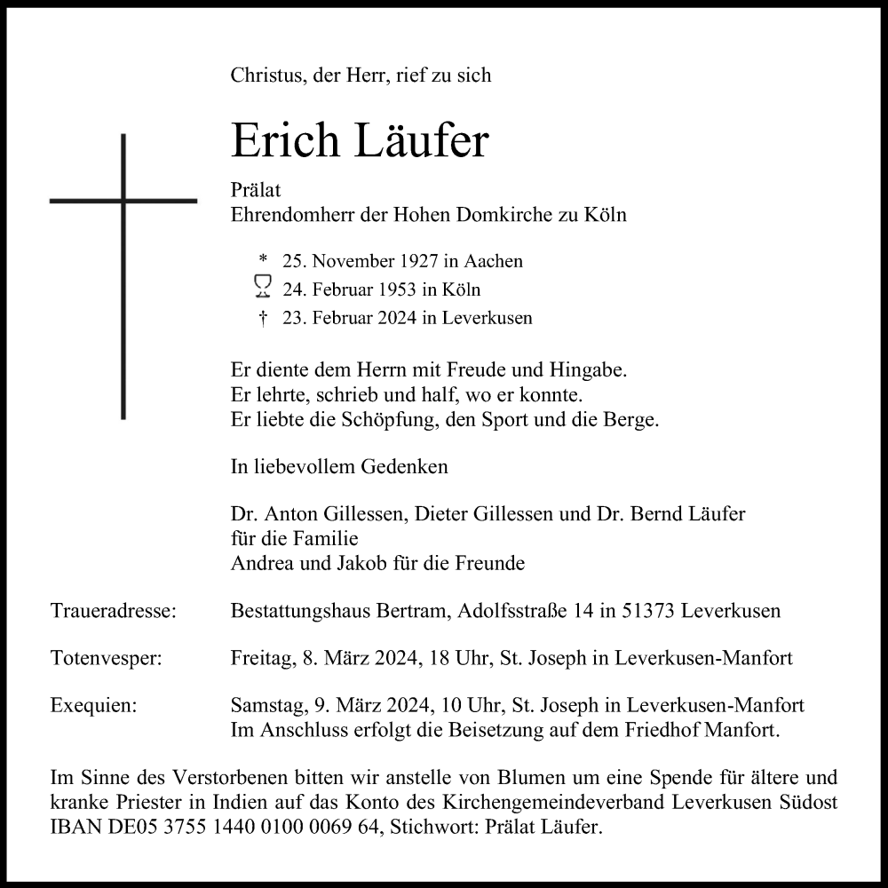  Traueranzeige für Erich Läufer vom 02.03.2024 aus Kölner Stadt-Anzeiger / Kölnische Rundschau / Express