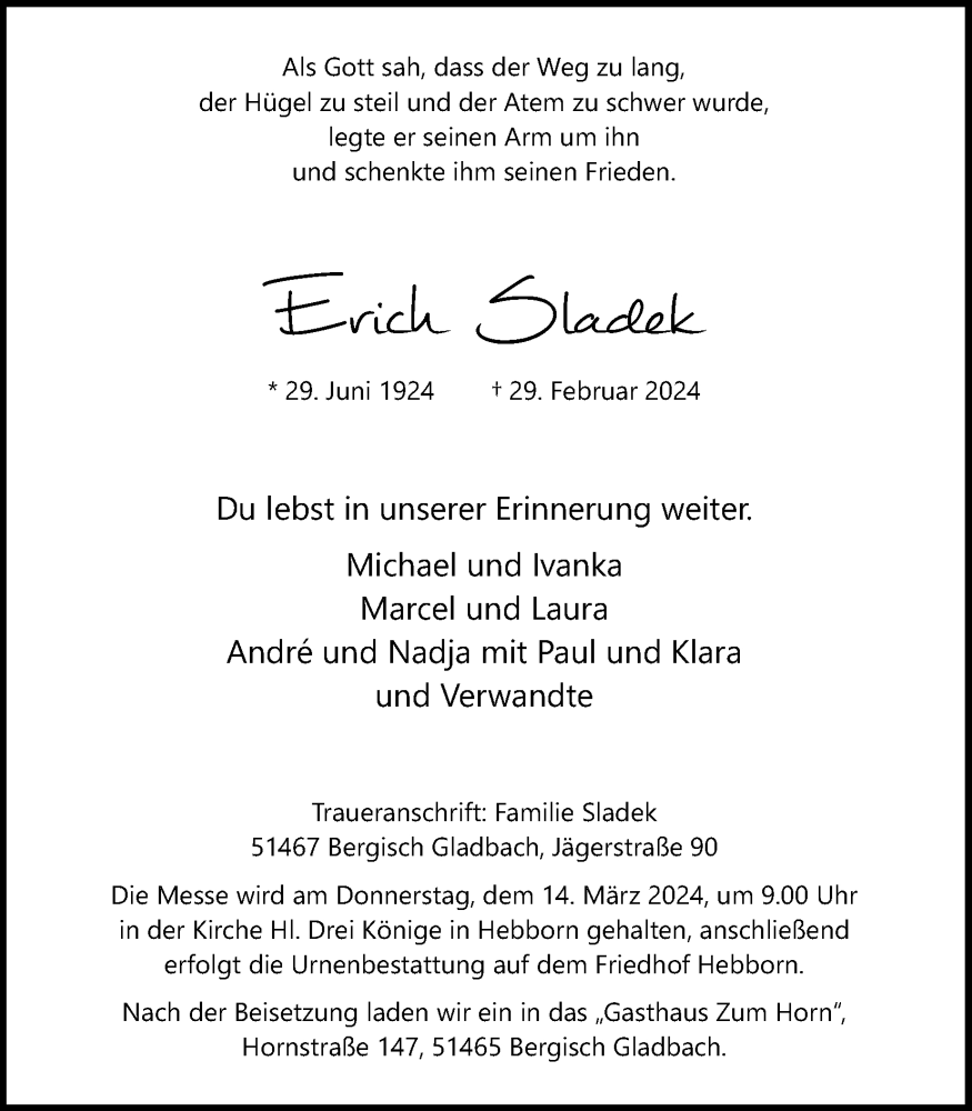  Traueranzeige für Erich Sladek vom 09.03.2024 aus Kölner Stadt-Anzeiger / Kölnische Rundschau / Express