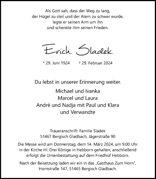 Anzeige von Erich Sladek von Kölner Stadt-Anzeiger / Kölnische Rundschau / Express