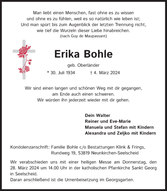 Anzeige von Erika Bohle von Kölner Stadt-Anzeiger / Kölnische Rundschau / Express