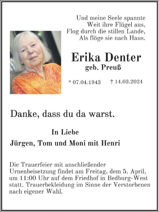 Anzeige von Erika Denter von  Werbepost 