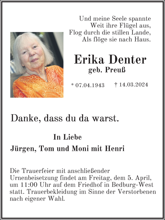 Anzeige von Erika Denter von Kölner Stadt-Anzeiger / Kölnische Rundschau / Express