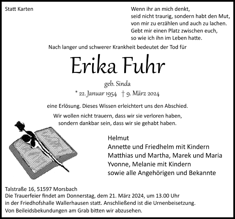  Traueranzeige für Erika Fuhr vom 15.03.2024 aus  Lokalanzeiger 